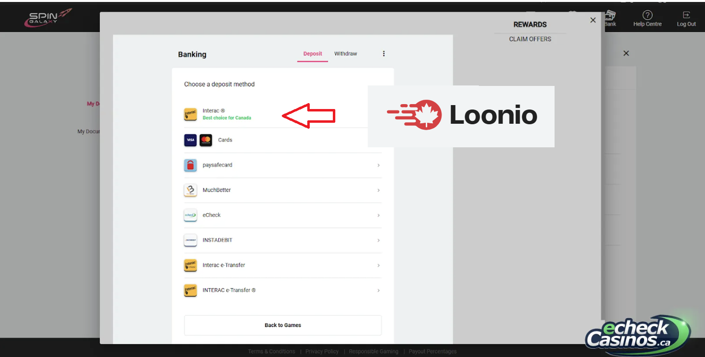 A screenshot of the Spin Galaxy Casino cashier, showing Interac as a deposit option with the Loonio payment flow.