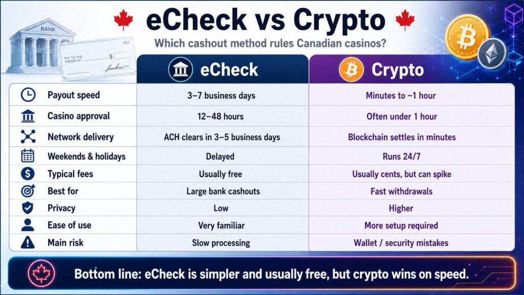A table showcasing the differences between eCheck and Crypto